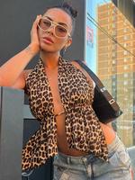 Women's Leopard Print Backless Halter Neck Top, Fashion Casual Asymmetrical Hem Top for Daily Outdoor Wear, Ladies Clothes fo...
