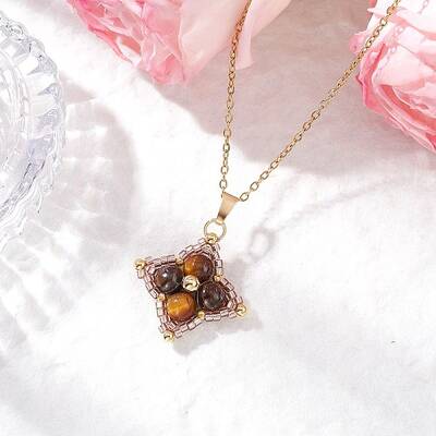 Natural Tiger Eye & Glass Seed Beaded Star Pendant Necklaces