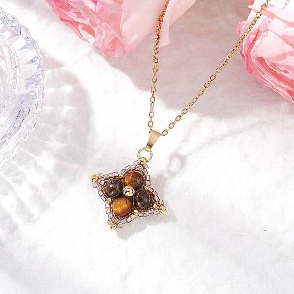 Natural Tiger Eye & Glass Seed Beaded Star Pendant Necklaces