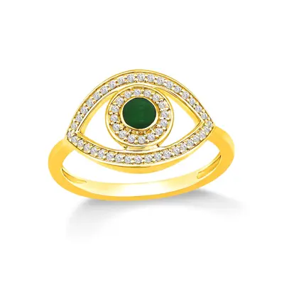 10K Gold Round Cut Emerald & 0.2 CT.T.W. Diamond Evil Eye Engagement Band