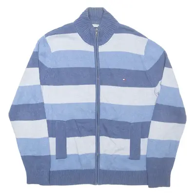 TOMMY HILFIGER Mens Patterned Cardigan Blue Striped High Neck Tight Knit L
