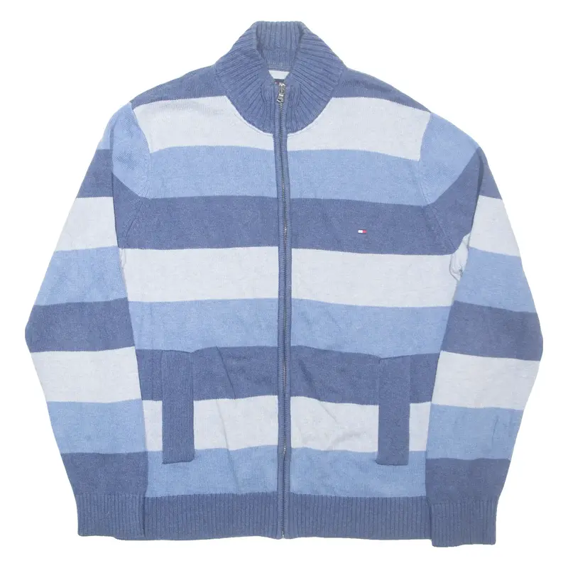 TOMMY HILFIGER Mens Patterned Cardigan Blue Striped High Neck Tight Knit L