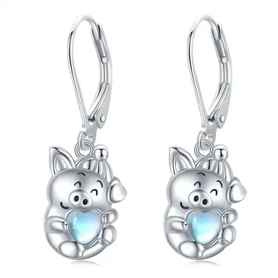 Sterling Silver Heart Shaped Moonstone Pig Lever-back Earrings