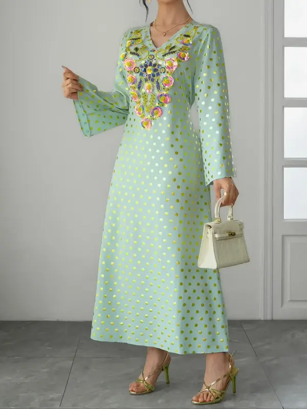 Women's Polka Dot Sequin Long Sleeve Dress, Elegant V Neck Dress for Beach Holiday Vacation, Ladies Clothes for All Seasons