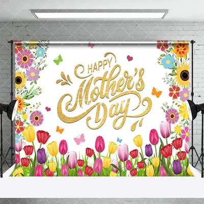 Aperturee Spring Colorful Tulip Gold Happy Mothers Day Backdrop, 3X2FT(1MX0.6M), 14 USD, mothers day backdrops, AHF433A-M