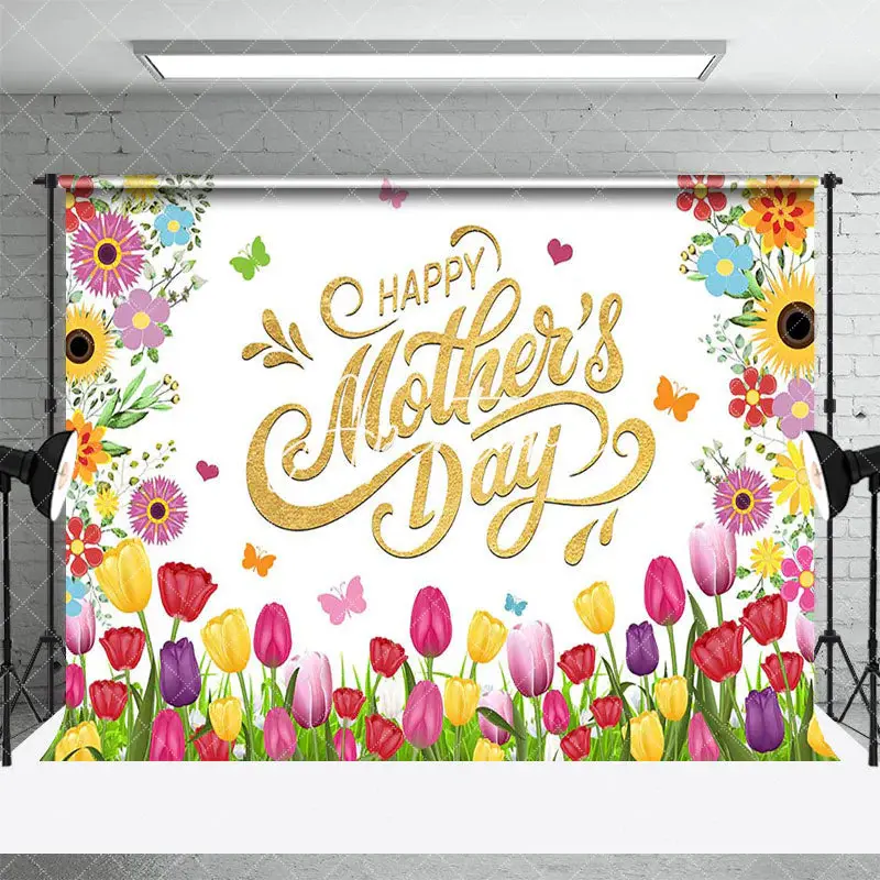 Aperturee Spring Colorful Tulip Gold Happy Mothers Day Backdrop, 3X2FT(1MX0.6M), 14 USD, mothers day backdrops, AHF433A-M