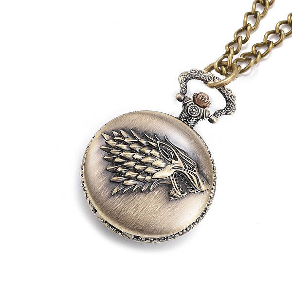 Carved Alloy Flat Round Pendant Necklace Quartz Pocket Watch