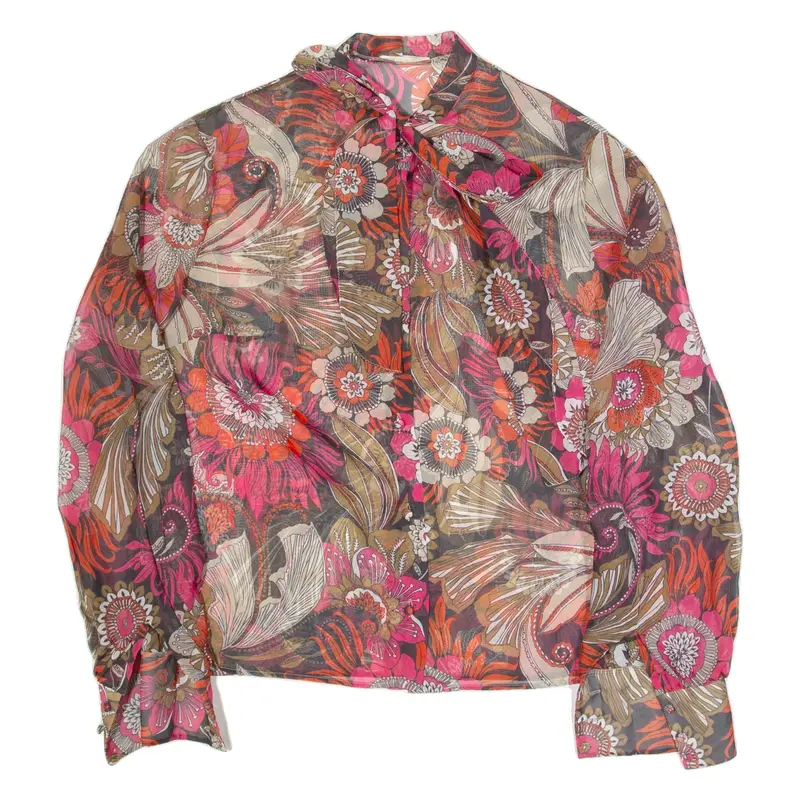 Sheer Tie Neck Womens Printed Blouse Black Long Sleeve Floral M