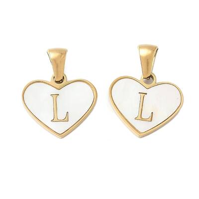304 Stainless Steel Pave Natural White Shell Heart with Initial Slice Pendants