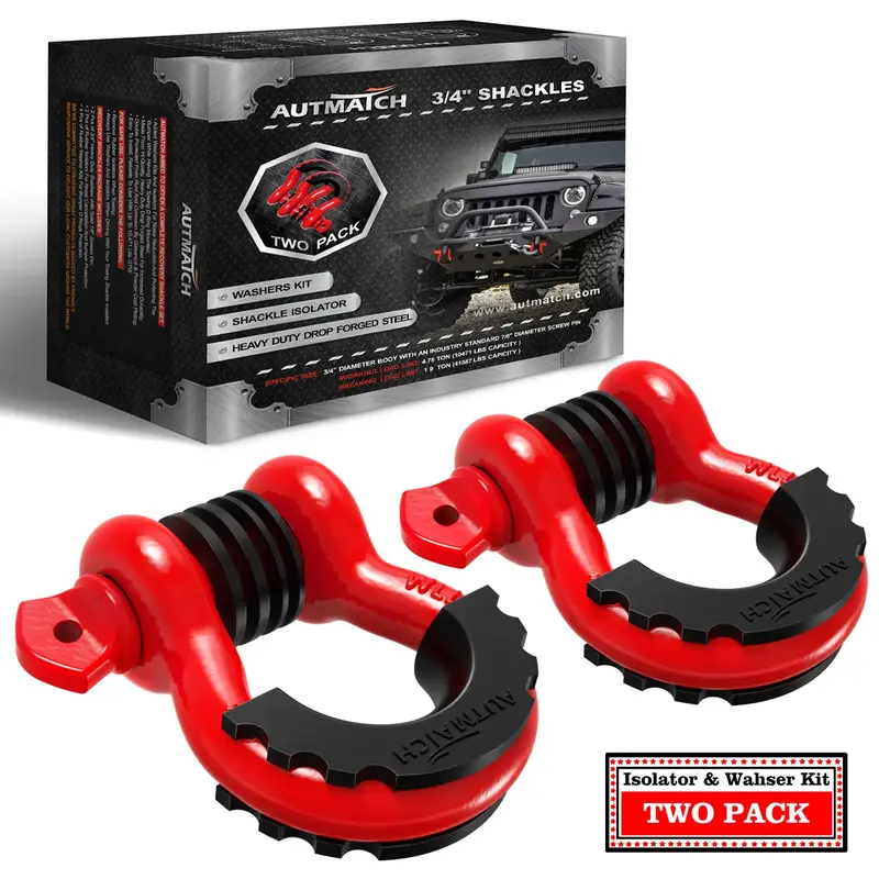 AUTMATCH D Ring Shackle 3/4 Shackles (2 Pack) 41,887Ibs Break Strength with 7/8 Screw Pin and Shackle Isolator Washers Ki...