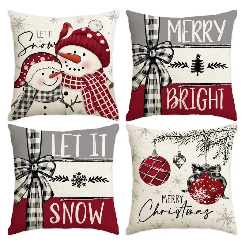 Christmas Themed Cushion Cover, 4 Counts/set Snowman & Bow & Ball & Letter Pattern Cushion Cover without Filler, Decorative T...