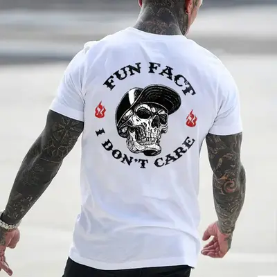 FUN FACT I DON'T CARE Skull Print Men's T-shirt, Top Menswear, Cotton Tee Shirt Casual Streetwear