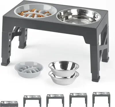 Elevated Dog Bowls with 2 Stainless Steel Dog Food Bowls and 1 Dog Slow Feeder Bowl, 5 Heights Adjustable Raised Dog Bowl for...