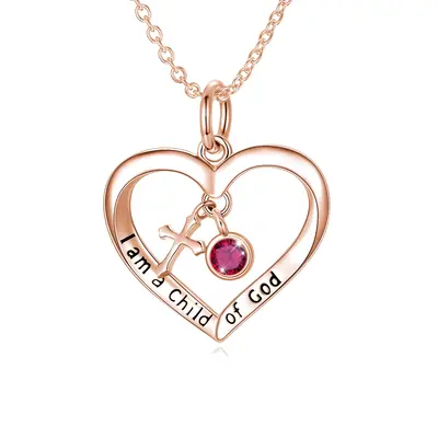 Sterling Silver with Rose Gold Plated Personalized Birthstone & Cross & Heart Pendant Necklace with Engraved Word