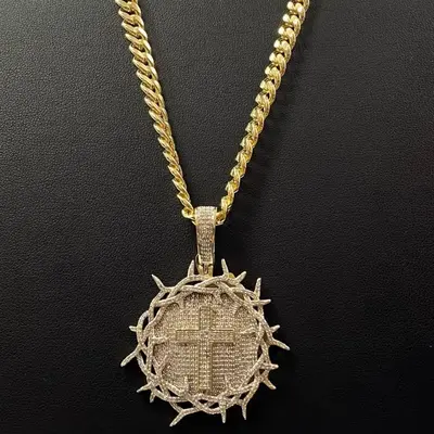 HELLOICE Iced Out Crown of Thorns with Cross Medallion Pendant Necklace Big Cross Full CZ Pendant with 5mm Cuban Chain Hiphop...