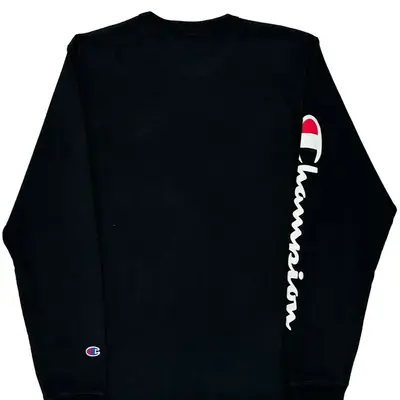 Champion Spellout Long Sleeve T-Shirt - Medium Black Cotton Blend