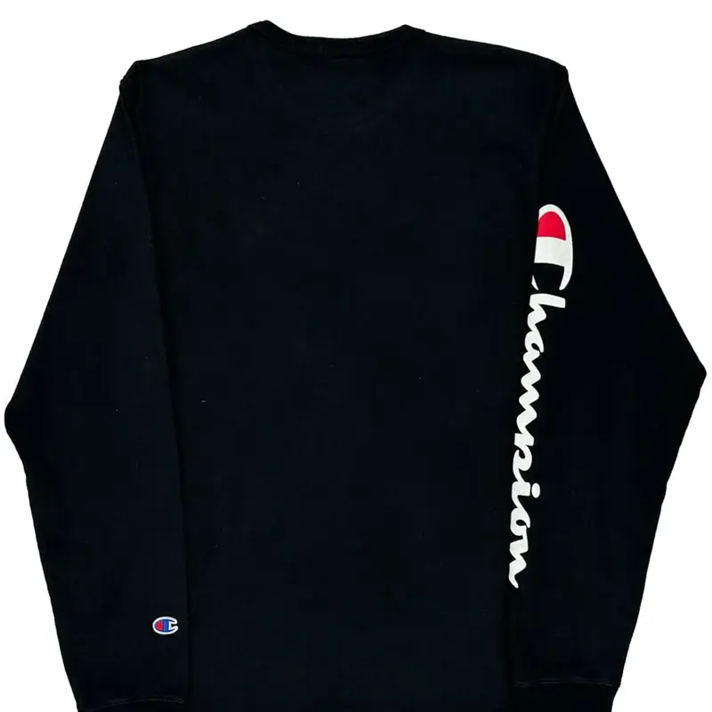 Champion Spellout Long Sleeve T-Shirt - Medium Black Cotton Blend