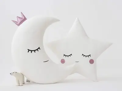 Set of 2 White Pillows - Crescent Moon and Star Pillows with Pink Touch