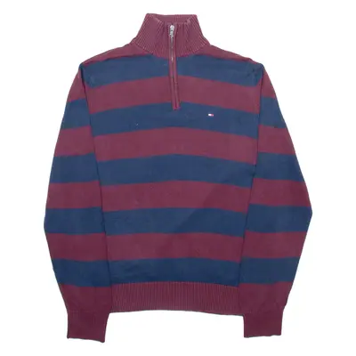 TOMMY HILFIGER Mens Patterned Jumper Maroon Striped 1/4 Zip Tight Knit M