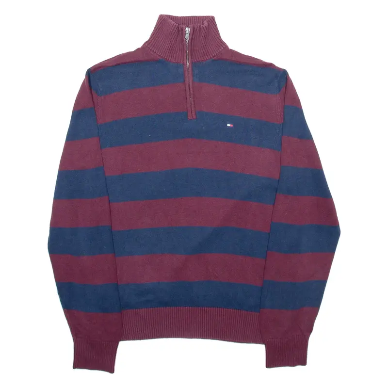 TOMMY HILFIGER Mens Patterned Jumper Maroon Striped 1/4 Zip Tight Knit M