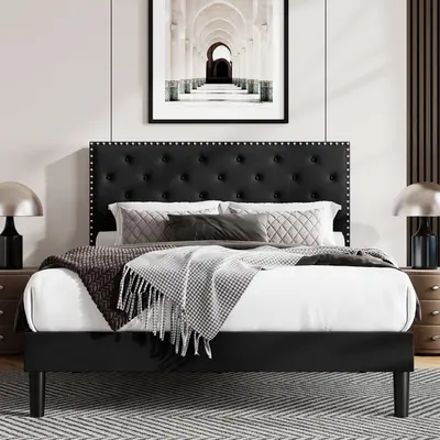 Allewie Full/Queen/King Velvet Upholstered Bed Frame - 【Frame Only No Mattress】Adjustable Diamond Button Tufted Headboard...