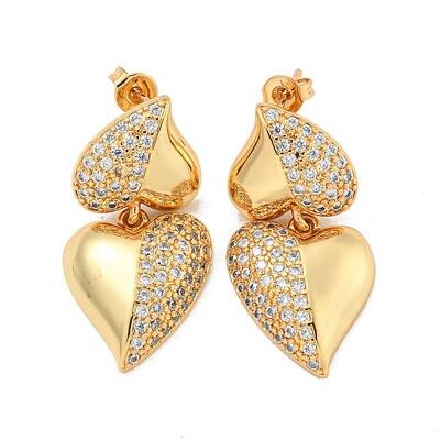 Heart Brass Pave Clear Cubic Zirconia Stud Earrings