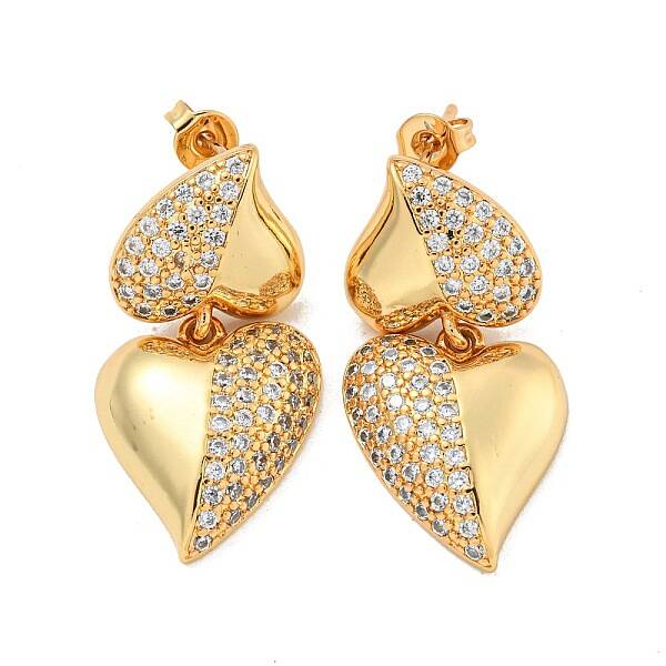 Heart Brass Pave Clear Cubic Zirconia Stud Earrings
