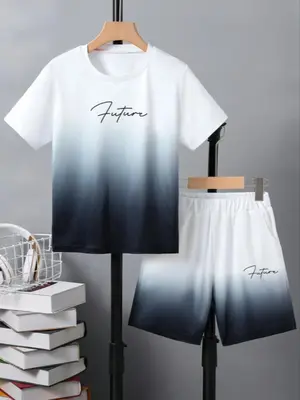 Two-piece Set Boy's Letter Print Top & Shorts Set, Casual Short Sleeve Round Neck Top & Elastic Waist Shorts, Summer Outfit...