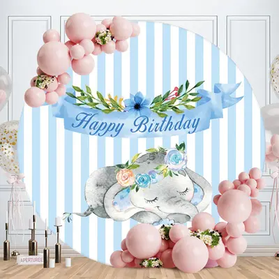 Aperturee Blue Floral Elephant Round Birthday Backdrop