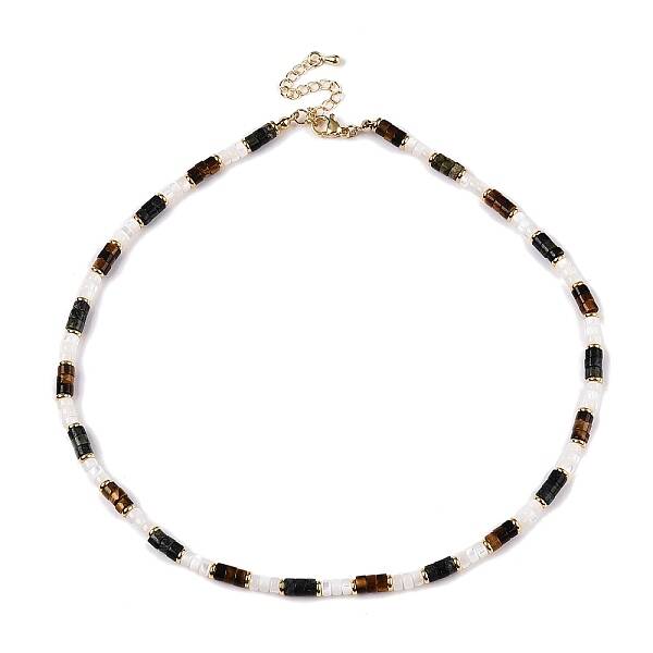 Column Natural Tiger Eyes & Kambaba Jasper & White Shell Beaded Necklaces for Women