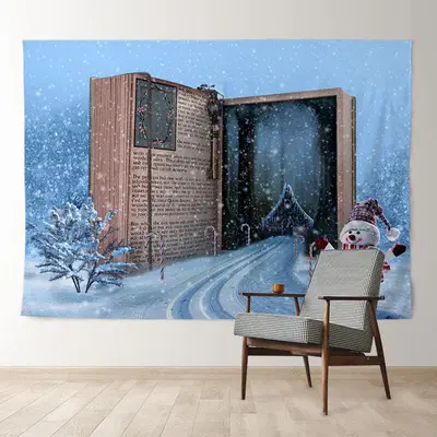 Aperturee Magic Book Road To Cabin Snowman Winter Backdrop