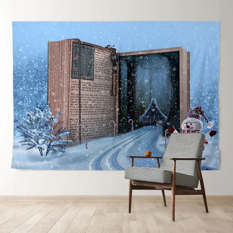 Aperturee Magic Book Road To Cabin Snowman Winter Backdrop