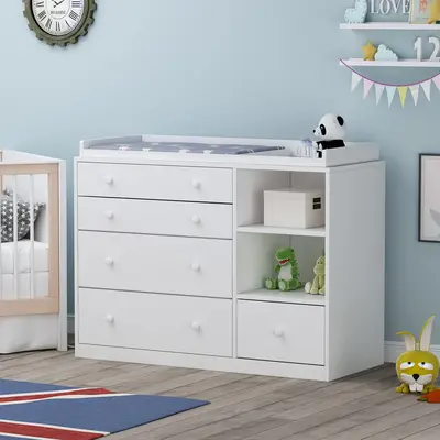 FUFU&GAGA Deborah Changing Table Dresser Antique White with Exposed Shelves, 5 Exposed Drawers & Space for Changing Pad, High...