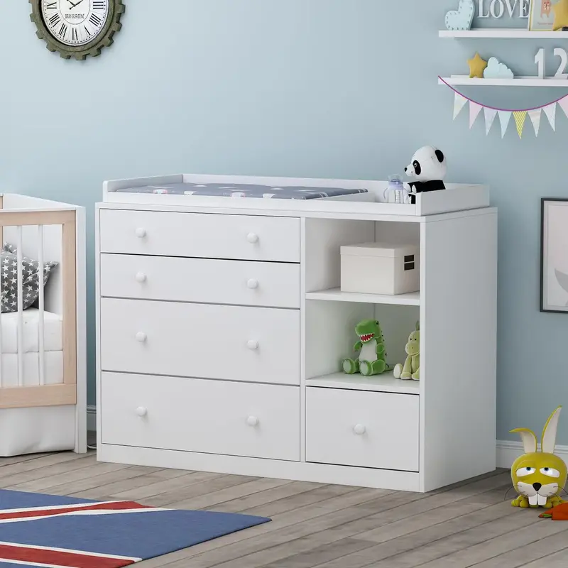 FUFU&GAGA Deborah Changing Table Dresser Antique White with Exposed Shelves, 5 Exposed Drawers & Space for Changing Pad, High...