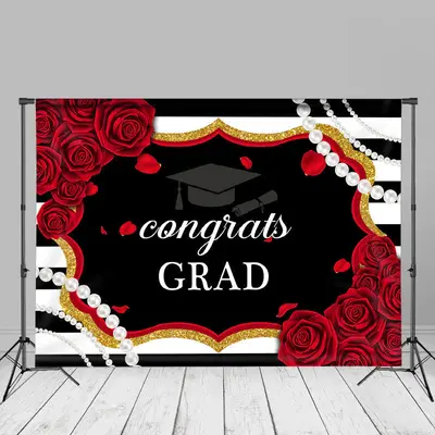 Black White Stripe Pearl Red Rose Grad Photo Backdrop - Aperturee