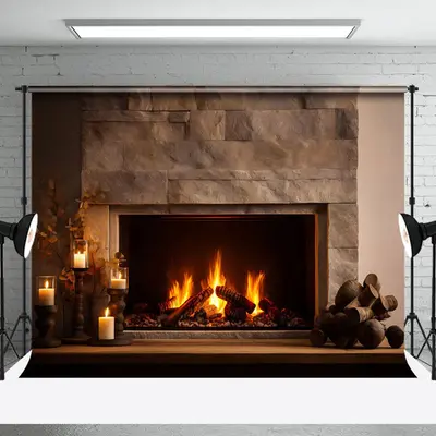 Aperturee Lighted Candles Brick Fireplace Photo Backdrop