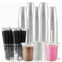 16oz Clear Plastic Cup with Straw & Lid, 50 Sets Disposable Coffee Cup Party Supplies, Disposable Tableware for Party & Takea...