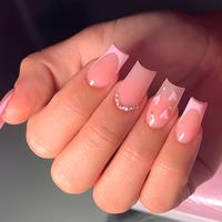 Valentine's Day Pink French Pointed Patch Nails with Rhinestone Heart - Medium Square Glitter Finish, Elegant Heart Design fo...