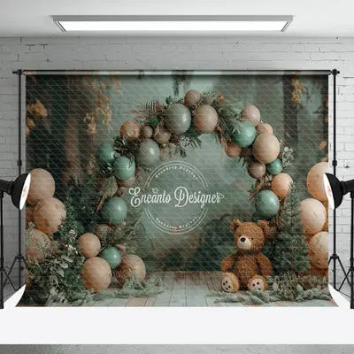 Retro Floor Balloons Bear Plant Cake Smash Backdrop