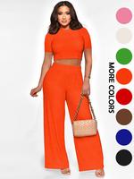 Two-Piece Set Women's Solid Crop Top & Wide Leg Pants, Casual Fashion Cozy Breathable Set for Daily Outdoor Wear, Ladies Clot...