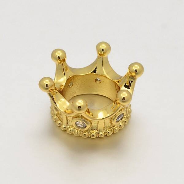 Real 24K Gold Plated Big Hole CZ Brass Micro Pave Grade AAA Cubic Zirconia 3D Crown Beads