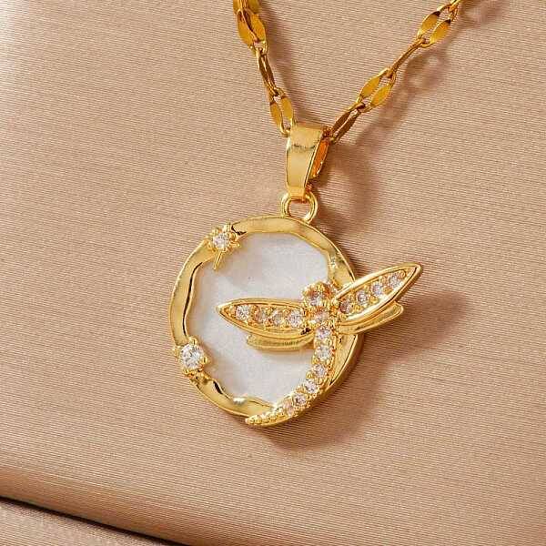 Brass Crystal Rhinestone Dragonfly Ring Pendant Necklaces