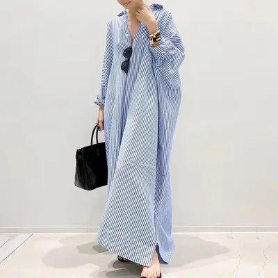 Women's Casual Long Sleeve Button Down Loose Striped Cotton Maxi Shirt Dress