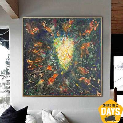Abstract Green Paintings On Canvas Original Colorful Artwork Heavy Textured Oil Painting | PORTAL IN THE FOREST 40"x40&q...
