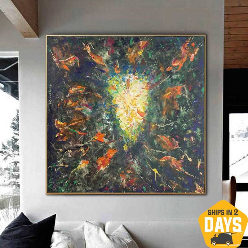 Abstract Green Paintings On Canvas Original Colorful Artwork Heavy Textured Oil Painting | PORTAL IN THE FOREST 40"x40&q...