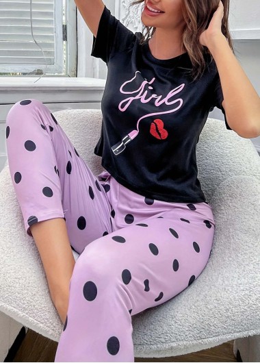 Modlily Black Polka Dot Short Sleeve Lounge Top and Pants - L