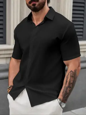 Men's Regular Fit Solid Button Front Shortsleeve Shirt, Casual Short Sleeve Button Collared Shirt for Summer, Fashion Men's T...