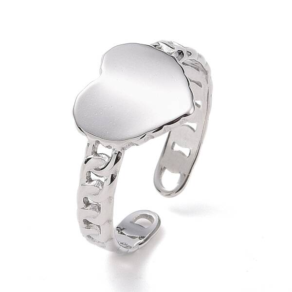 Non-Tarnish 304 Stainless Steel Heart Open Cuff Ring for Women