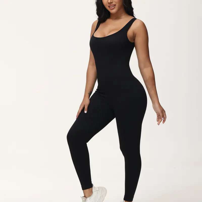Women's solid sleeveless jumpsuit with a square neck and backless design, featuring body sculpting tummy control in ribbed kn...