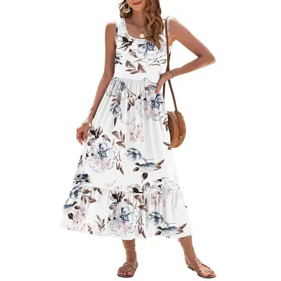 AUSELILY 2025 Womens Summer Dresses Sleeveless Maxi Dress Square Neck Casual Tiered Swing Dress with Pockets Summer Dress Sun...